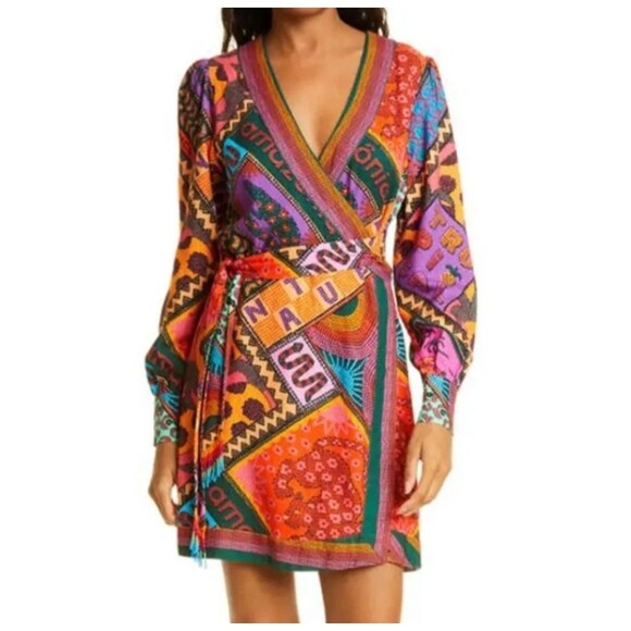 Farm Rio Dotted Patch Scarf Mini Dress S Small Wrap Tassel Tie Mixed Print $225 - Picture 1 of 13
